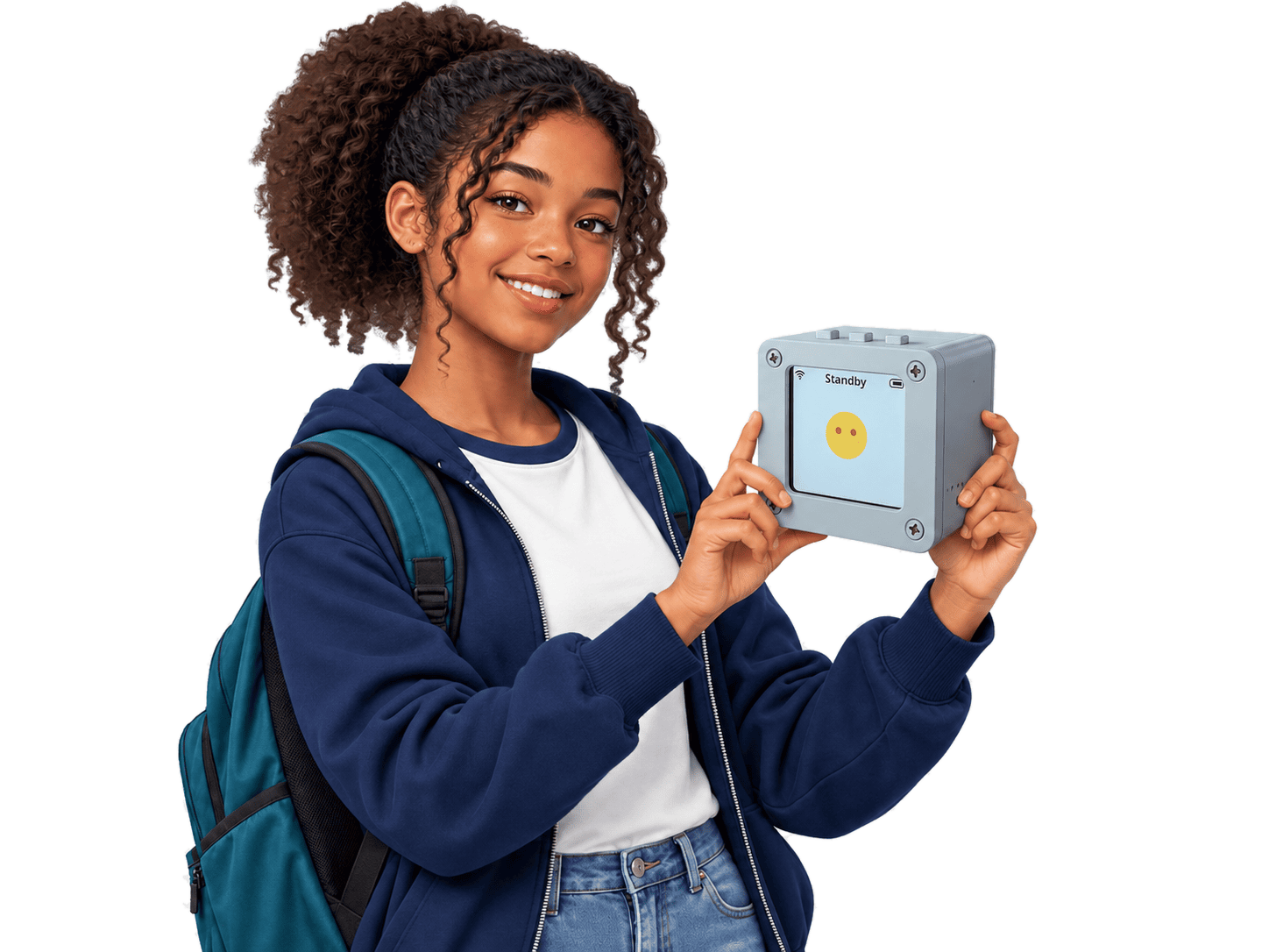 Learner holding the XiaoZhi AI device